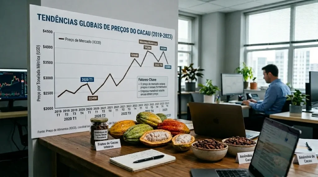 Cotação do cacau em Linhares: Gráfico de tendências globais de preços do cacau entre 2019 e 2026 sobre uma mesa com frutos de cacau abertos e amêndoas secas em um escritório.