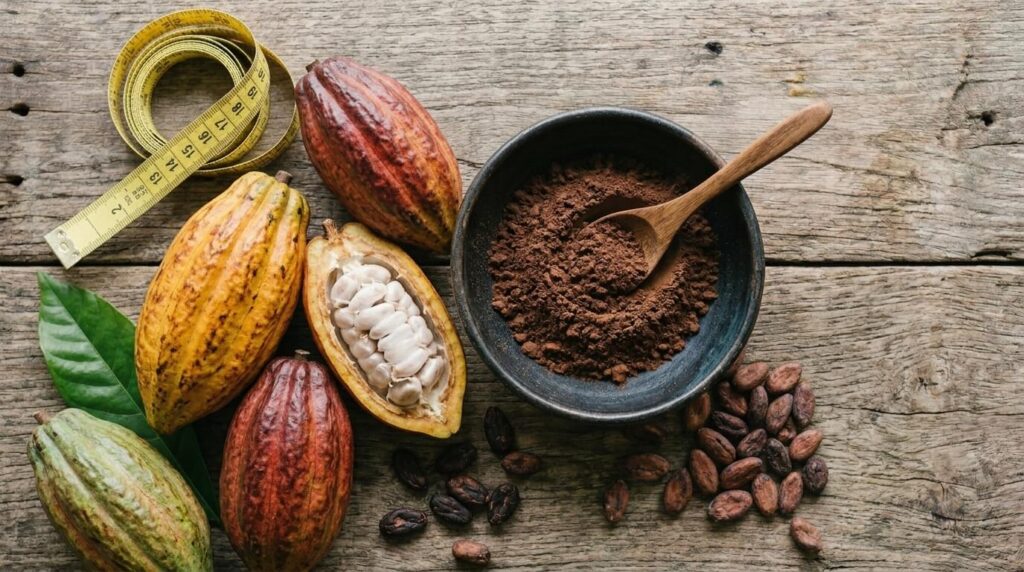 Cacau e emagrecimento: pó de cacau puro em tigela com fita métrica e folhas tropicais