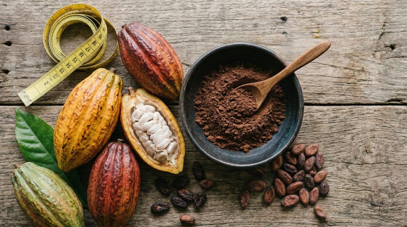 Cacau e emagrecimento: pó de cacau puro em tigela com fita métrica e folhas tropicais