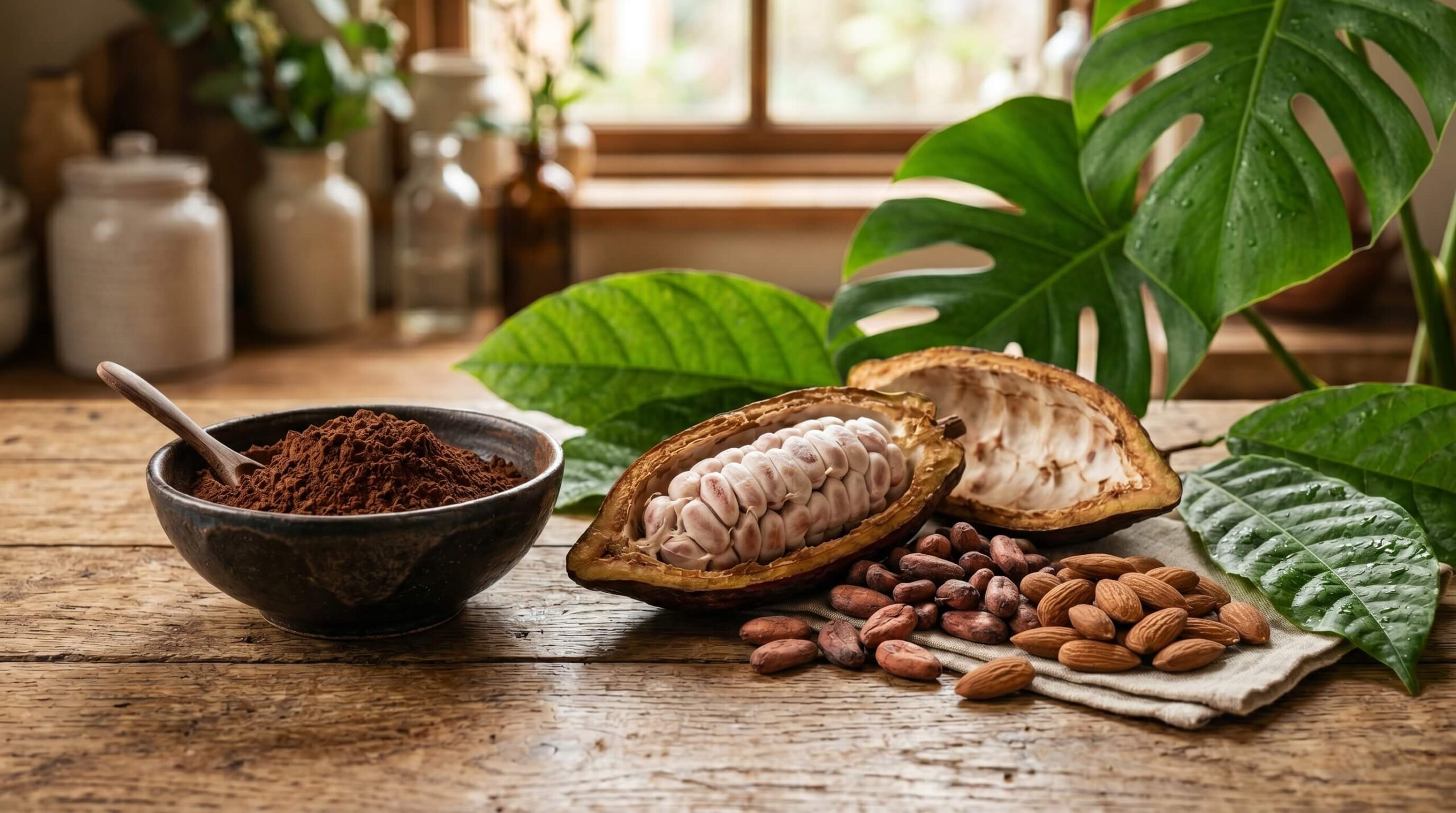 Grãos de cacau, fruto Theobroma cacao aberto e pó de cacau em mesa rústica com folhas tropicais – saúde e nutrição