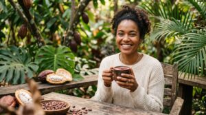 Mulher sorrindo segurando xícara de cacau em jardim tropical com frutos de cacau – benefícios do cacau para a saúde